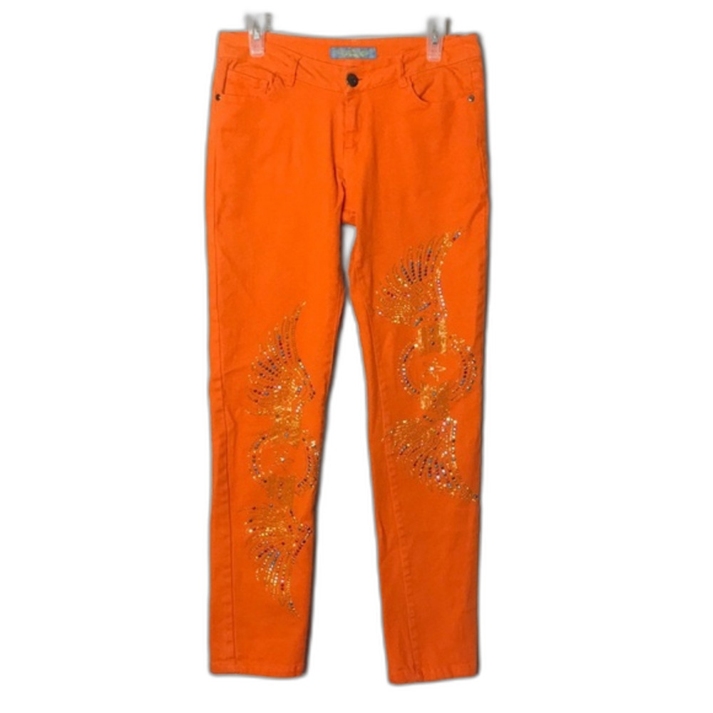 Hollywood star bright orange embroidered gems jeans size 9 y2k cute